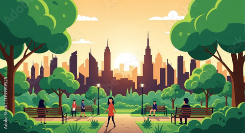 City Skyline with Park and Green Trees.