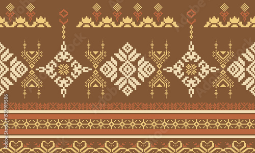 Floral pixel art pattern on brown background .geometric ethnic oriental embroidery vector illustration,pixel style abstract background,cross stitch.design for texture,fabric,cloth,scarf, table runner.