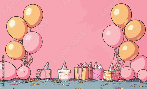 Pink and gold balloons stand beside colorful gift boxes on a bright background, suggesting a celebration in progress.