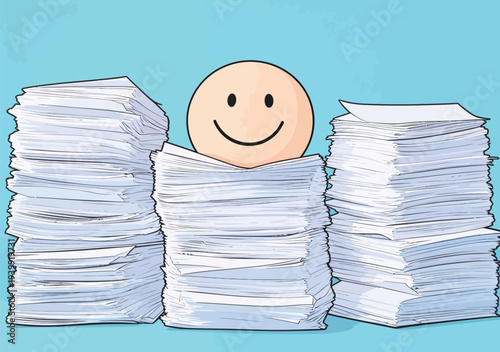 A smiling face appears above large stacks of papers in a workspace, showing a happy mood while dealing with tasks.