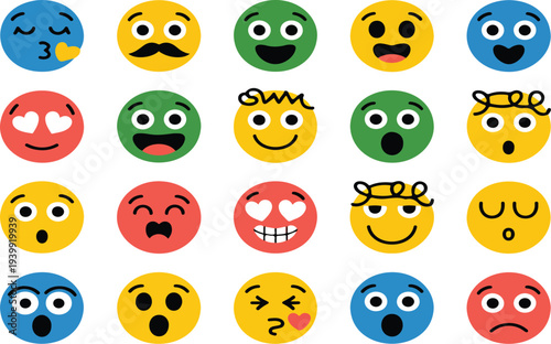Cute Colorful Emoji Faces Vector Illustration Set with Expressive Cartoon Emotions Funny Characters Playful Facial Expressions for Digital Designs