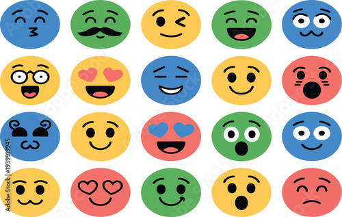 Cute Colorful Emoji Faces Vector Illustration Set with Expressive Cartoon Emotions Funny Characters Playful Facial Expressions for Digital Designs