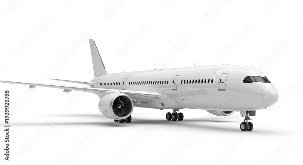 Obraz premium Modern white passenger airplane sleek commercial jetliner with detailed engines and landing gear isolated on a clean white background for travel concepts