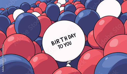 A person holds a sign saying Birthday to You among many red and blue balloons during a birthday party celebration.