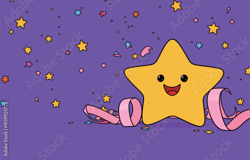 A bright star cartoon character smiles among colorful confetti and ribbons on a purple background during a festive moment.