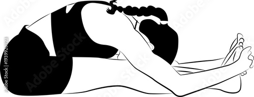 Woman performing a seated forward bend yoga pose, stretching hamstrings and spine for improved flexibility, relaxation, and mindful breathing. Minimal black-and-white silhouette illustration emphasizi