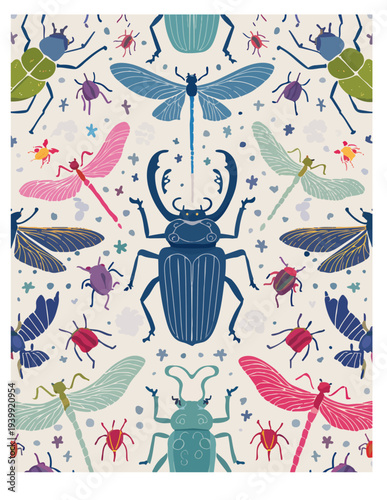 Seamless vector pattern with stylized neon jewel beetles and dragonflies for modern baby textiles