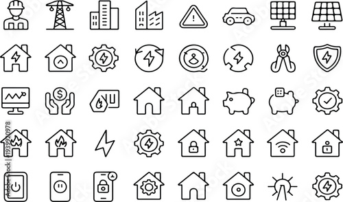 Smart Energy and Electrical Service Line Icon Set with Power Solar Battery Home Technician and Utility Symbols Vector Outline Collection
