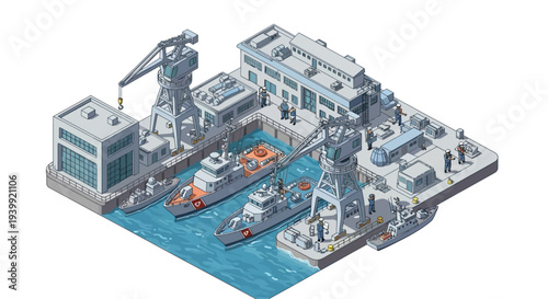 Isometric 3D illustration of a military base with a harbor, featuring ships and industrial structures in a gray and blue color scheme.
