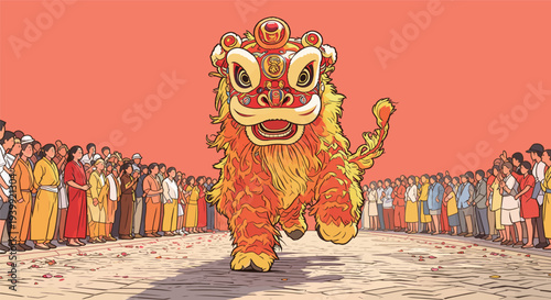 Lion dancers perform for a large crowd in an urban area during a vibrant festival. People watch and enjoy the show.
