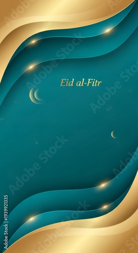 Elegant Eid al-Fitr Greeting Background with Golden Waves and Crescent Moon