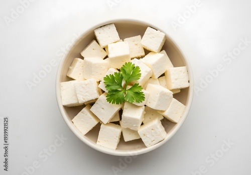 Paneer cubes in a bowl with parsley garnish