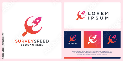 Survey speed logo design with abstract magnifying and rocket