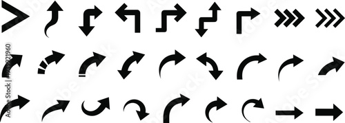 Black arrow icon collection with directional symbols, curved and straight navigation pointers set isolated on white