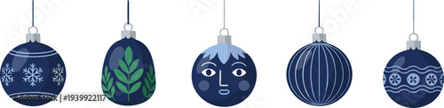 Blue Christmas hanging ball ornaments collection winter holiday decorative baubles with patterns festive vector illustration set