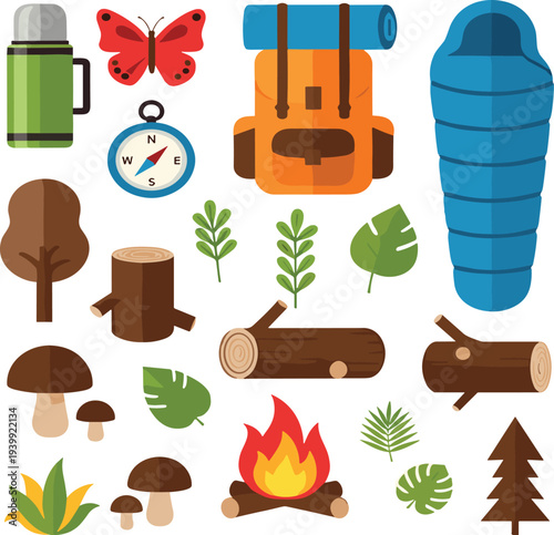 Camping and hiking outdoor adventure elements set with backpack compass thermos sleeping bag campfire trees leaves vector illustration
