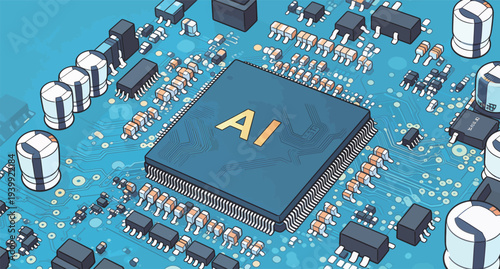 A circuit board shows an AI chip at the center, surrounded by various components and connections. The setting is modern and technical.