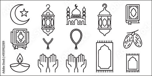Collection of black outline Islamic Ramadan vector icons isolated on white.