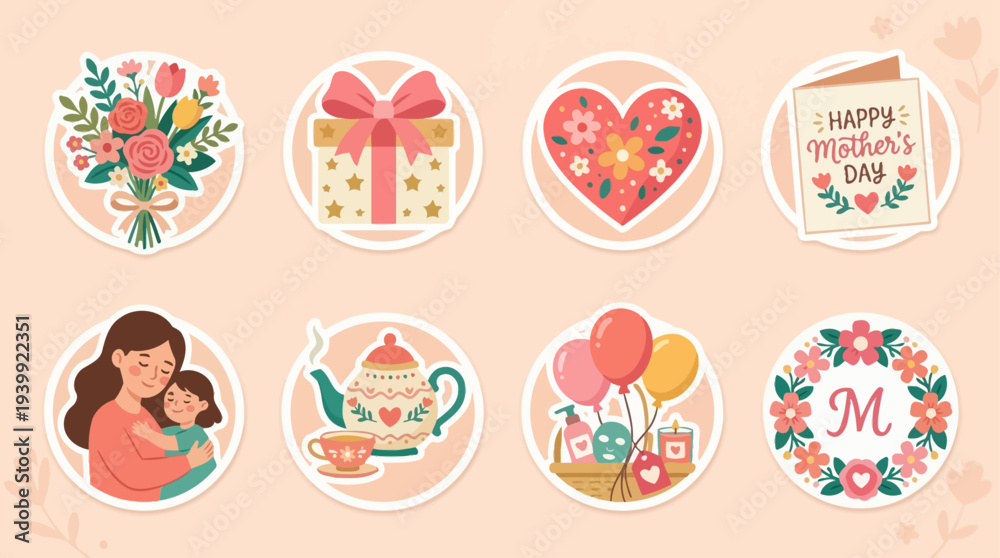 Fototapeta premium Mother’s Day celebration flat icon collection, floral bouquet, gift box, heart symbol, greeting card