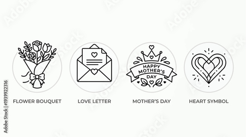 Minimal line icons for Mother’s Day celebration, flower bouquet, love letter, heart symbol, clean outline vector