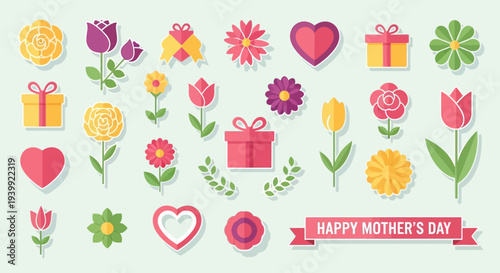 Modern flat icon pack for Mother’s Day theme with flowers, gifts, hearts and decorative elements 