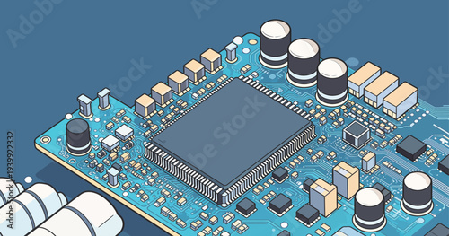 A circuit board with chips, capacitors, and resistors on a blue surface. Electrical connections are visible on the board.