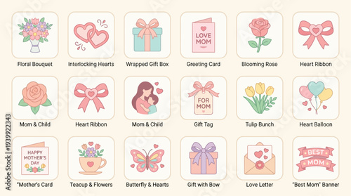 Mother’s Day flat icon set including flowers, hearts, gift boxes, ribbons, greeting cards, clean vector icons, pastel color palette