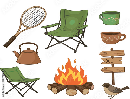Camping equipment collection with campfire chair kettle cups signpost bird and tennis racket outdoor adventure vector illustration set