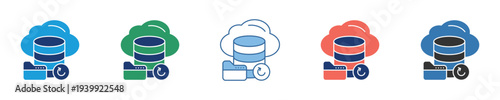 Collection of diverse vector icons representing cloud data storage, database management, and file synchronization, highlighting various network states and digital accessibility