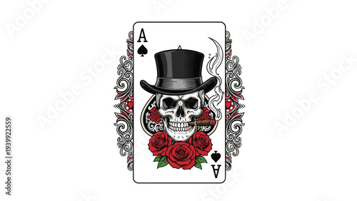 Ace of Spades playing card illustration with a skull in a top hat smoking a cigar and surrounded by red roses for gambling themes.