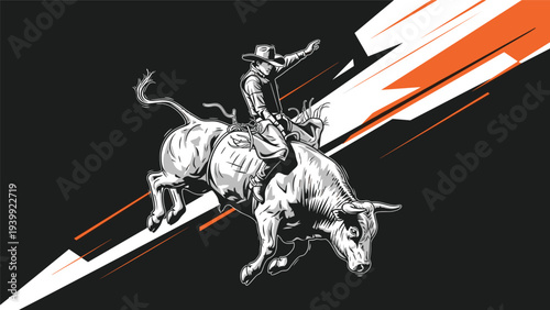 Stylized action illustration of a cowboy riding a powerful bucking bull with dynamic lines and a high contrast background.