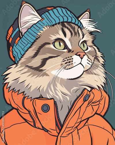 A cat with thick fur is dressed in an orange jacket and a blue hat. It is looking to the side against a colorful background.