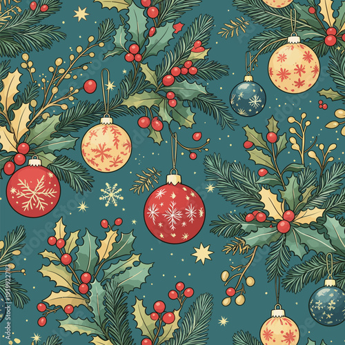 Brightly colored ornaments hang from holly branches against a blue background, setting a festive mood for Christmas time.