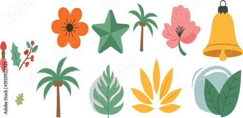 Christmas and tropical decorative elements set with flowers leaves palm trees star bell and festive holiday clipart vector illustration