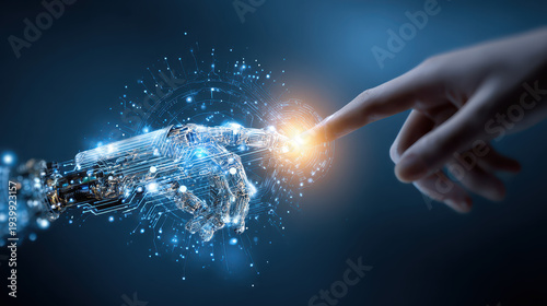 Digital Connection: A human hand gently touches a robotic hand, in a symbolic scene suggesting technology and human interaction, illuminating the potential of artificial intelligence.
