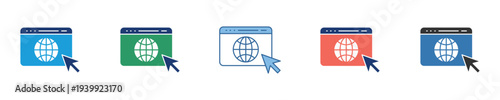 Colorful set of web browser icons with a globe and active cursor, symbolizing global internet access, digital navigation, and user interaction with online platforms