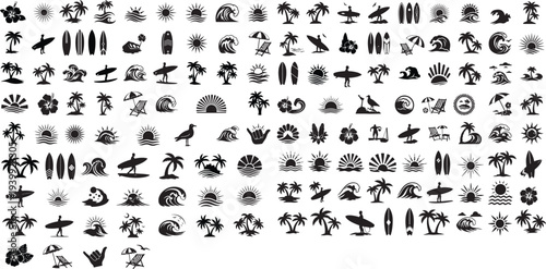 set of tropical beach and summer vacation silhouette icons