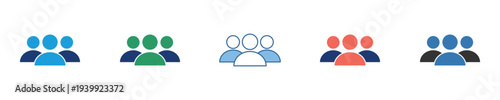 Vibrant vector icon collection illustrating groups of three people, perfect for symbolizing diverse teams, user communities, and social networks in modern digital interfaces