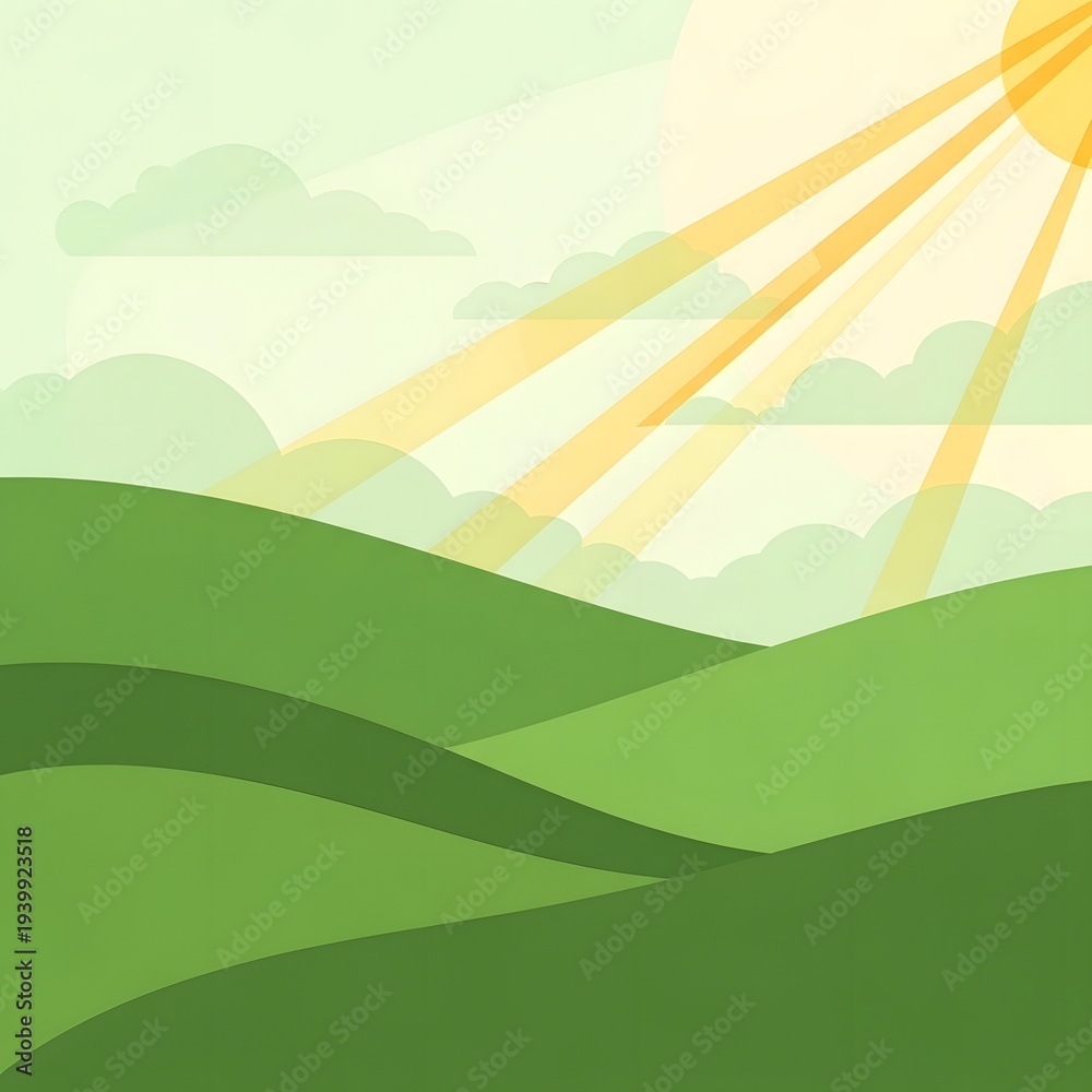 Obraz premium Sunrise over green hills with golden rays landscape nature scenery background
