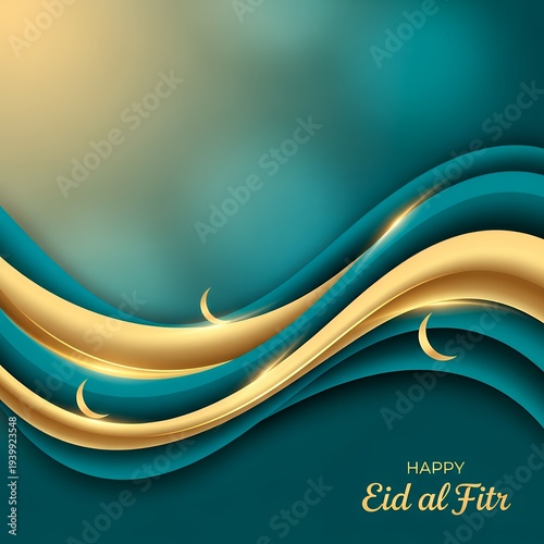 Happy Eid al Fitr Wavy Abstract Background with Gold and Teal Design