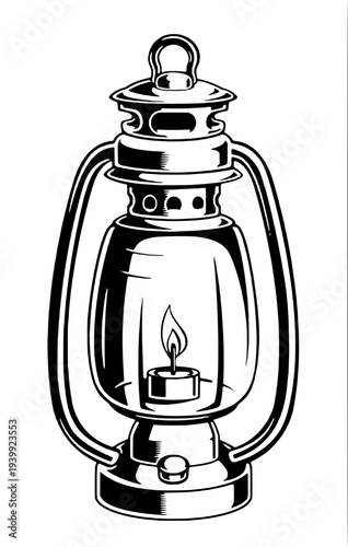 “Detailed black ink line illustration of a traditional lantern lamp with candle light inside, vintage metal design, symmetrical structure, clean vector outline, coloring book style.”