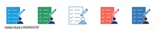 Modern icon collection showing a user completing a checklist or survey with a pencil, ideal for task management, feedback, and online assessment in digital apps