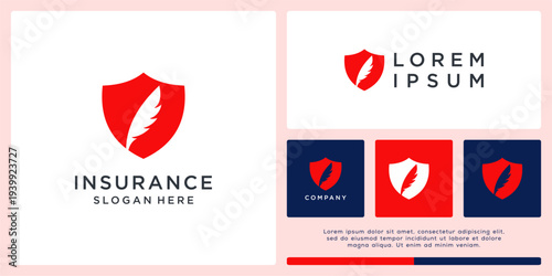 Insurance logo design template with feather and shield