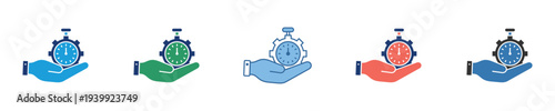 Efficient Time Management and Fast Service Delivery Concept Illustrated by Hand Holding Stopwatch Icons in Various Colors