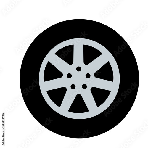 Single black car wheel with silver rim ideal for automotive parts, tire services, vehicle components, and transportation with flat design style.