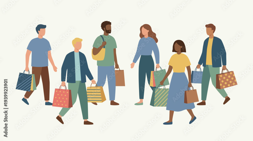 Obraz premium Diverse group of people walking with shopping bags.