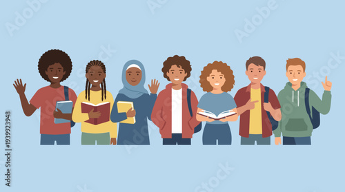 Diverse group of students waving and holding books together.