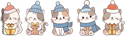 Cute Christmas cat characters wearing winter hats and scarves holding gift boxes kawaii holiday animals vector illustration set