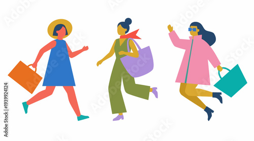 Three women walking and carrying shopping bags with joy.