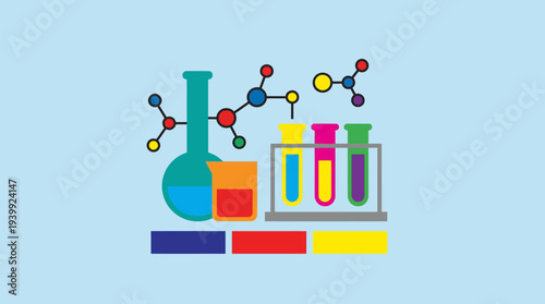 Colorful Chemistry Laboratory Equipment and Molecules.